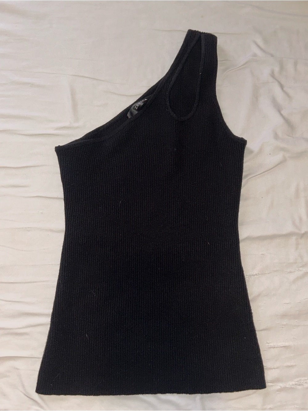 Double strap one shoulder black ribbed top cut out small